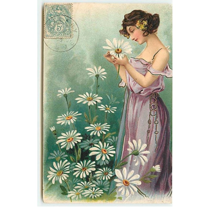 n°22550 - Carte Gaufrée - Jeune femme cueillant des marguerites