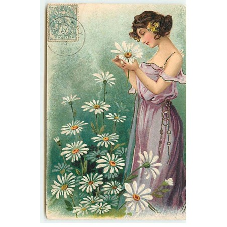 n°22550 - Carte Gaufrée - Jeune femme cueillant des marguerites