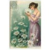 n°22550 - Carte Gaufrée - Jeune femme cueillant des marguerites