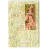 n°22564 - Carte Gaufrée - Art Nouveau - Jeune femme dans un rectangle vert - coccinelle