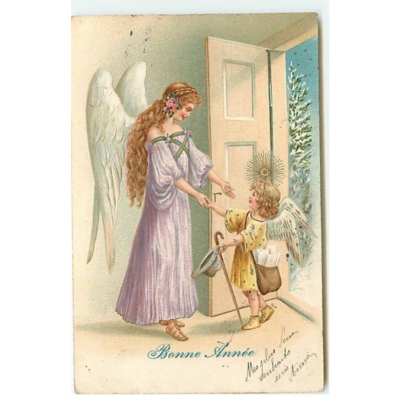 n°22566 - Carte Gaufrée - Bonne Année - Ange Gardien accueillant un ange