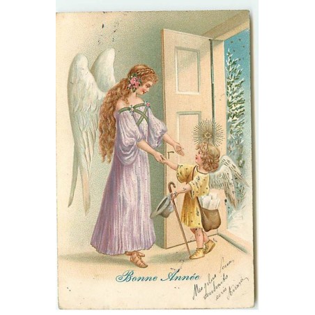 n°22566 - Carte Gaufrée - Bonne Année - Ange Gardien accueillant un ange