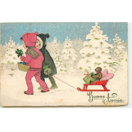n°22567 - Bonne Année - Baumgarten - Enfants tirant un ours en peluche sur une luge (Teddy bear)