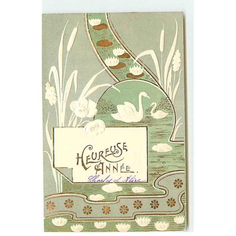 n°22570 - Carte Gaufrée - Art Nouveau - Heureuse Année - Couple de Cygnes et Roseaux