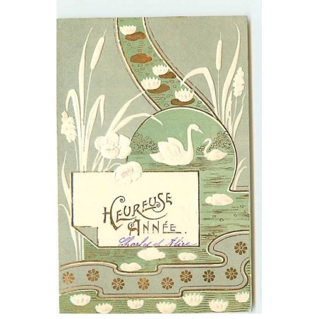 n°22570 - Carte Gaufrée - Art Nouveau - Heureuse Année - Couple de Cygnes et Roseaux