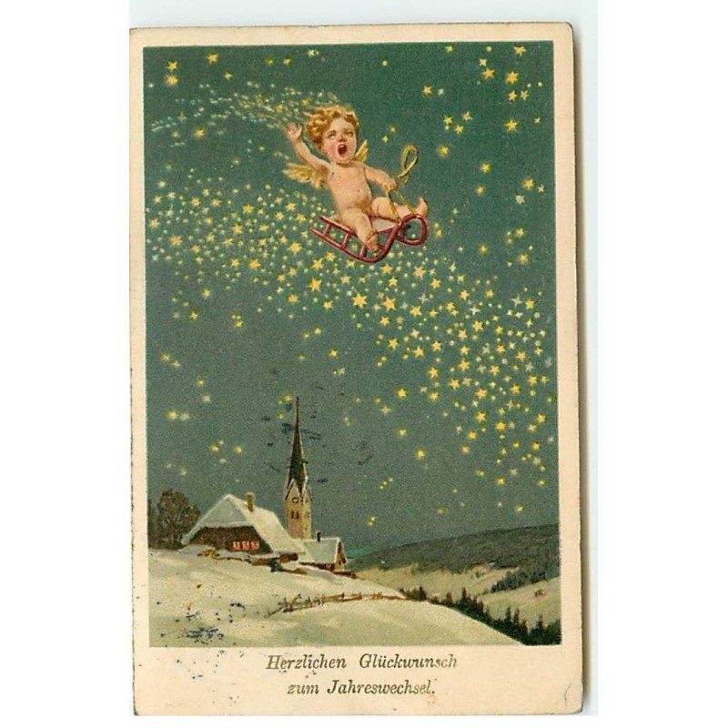 n°22572 - Nouvel An - Herzlichen Glückwunsch zum Jahreswechsel - Ange sur une luge entouré d'étoiles