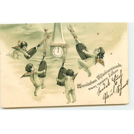 n°22573 - Carte Gaufrée - Herzlichen Glückwunsch zum neuen Jahre - Anges débouchant des bouteilles de champagnes