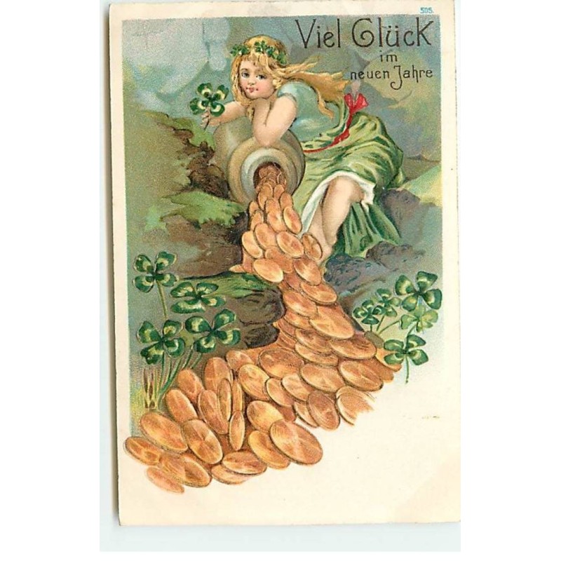 n°22574 - Carte Gaufrée - Viel Glück im neuen Jahre - Jeune fille regardant des pièces d'or sortant d'un pot
