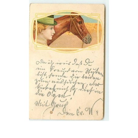 n°11499 - Jeune femme de profil près d'un cheval