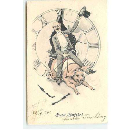 n°22576 - Nouvel An - Prosit Neujahr - Homme a califourchon sur un cochon