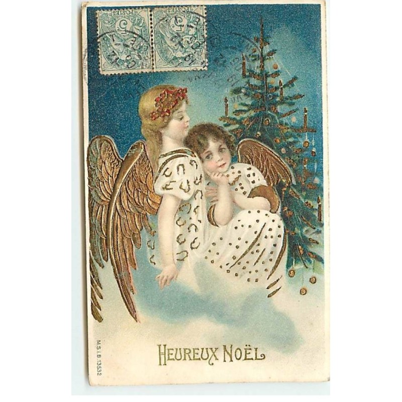 n°22580 - Carte Gaufrée - MSIB n°13532 - Heureux Noël - Deux anges près d'un sapin