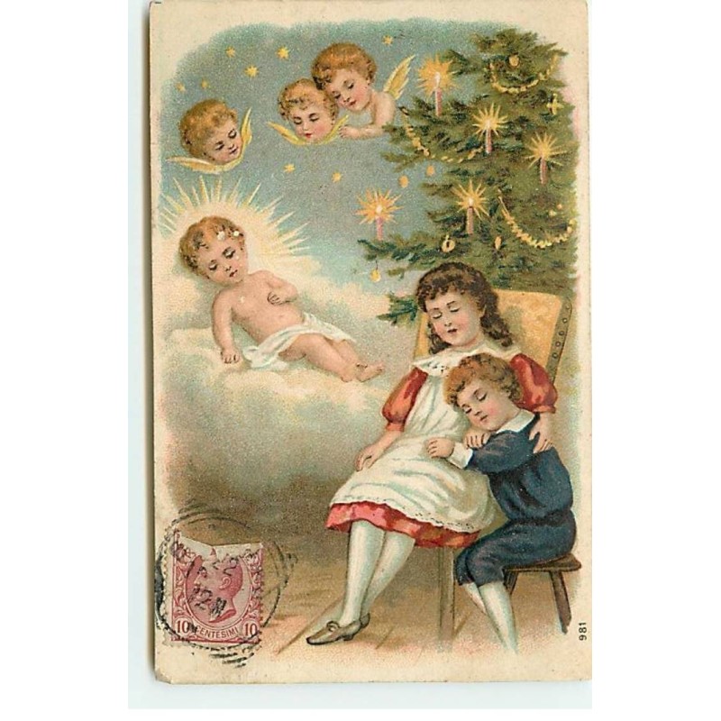 n°22586 - Carte Gaufrée - Enfants et anges dormant