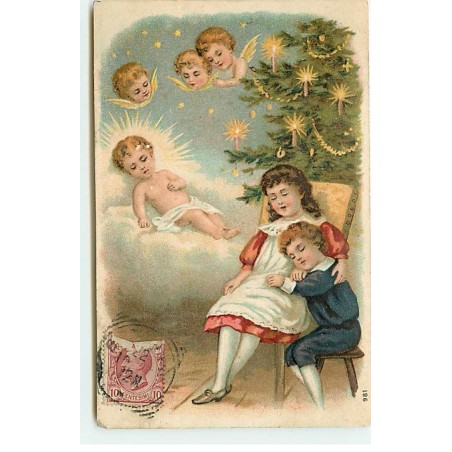 n°22586 - Carte Gaufrée - Enfants et anges dormant