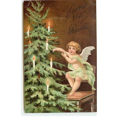 n°22587 - Carte Gaufrée - Clapsaddle - Heureux Noël Henri - Ange près d'un sapin décoré de bougies