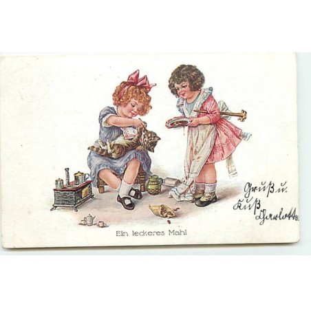 n°22588 - Fantaisie - Ein leckerers Mahl - Fillettes nourrissant un chat