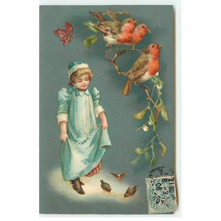 n°22600 - Carte Gaufrée - Clapsaddle - Fillette regardant des rouges-gorges