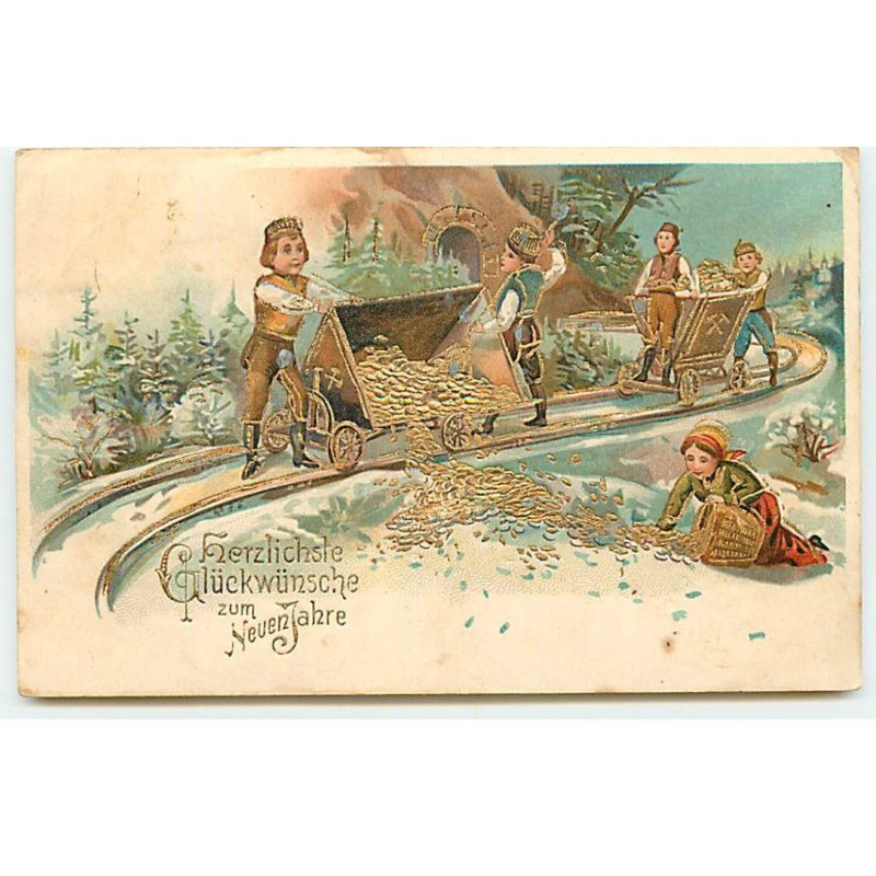 n°22611 - Carte Gaufrée - Enfants renversant des wagonnets remplis de pièces