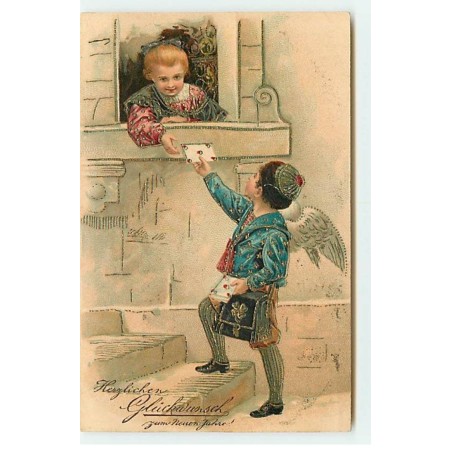 n°22612 - Carte Gaufrée - Herzlichen Glückwünsch zum NeuenJahre - Ange apportant une lettre à une jeune fille