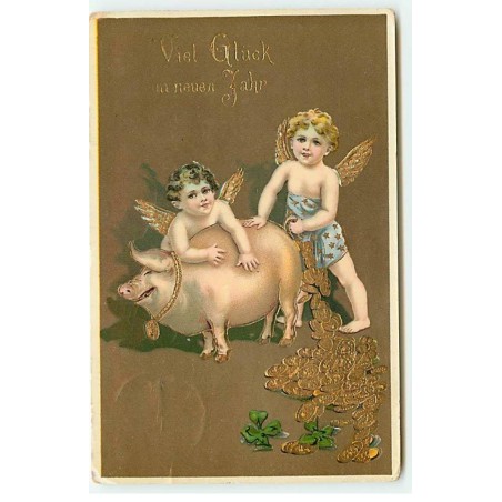 n°22616 - Viel Glück in neuen Jahr - Deux anges autour d'un cochon, pièces d'or