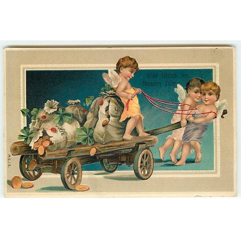 n°22617 - Carte Gaufrée - Viel Glück in Neuen Jahr - Anges tirant une charette avec des sacs de pièces d'or dessus