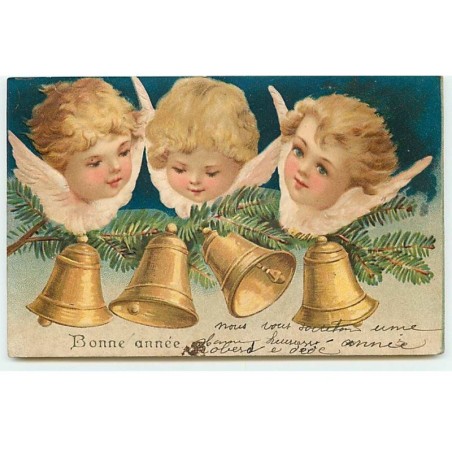 n°22623 - Carte Gaufrée - Bonne Année - Trois têtes d'ange au-dessus de cloches