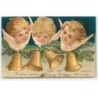n°22623 - Carte Gaufrée - Bonne Année - Trois têtes d'ange au-dessus de cloches