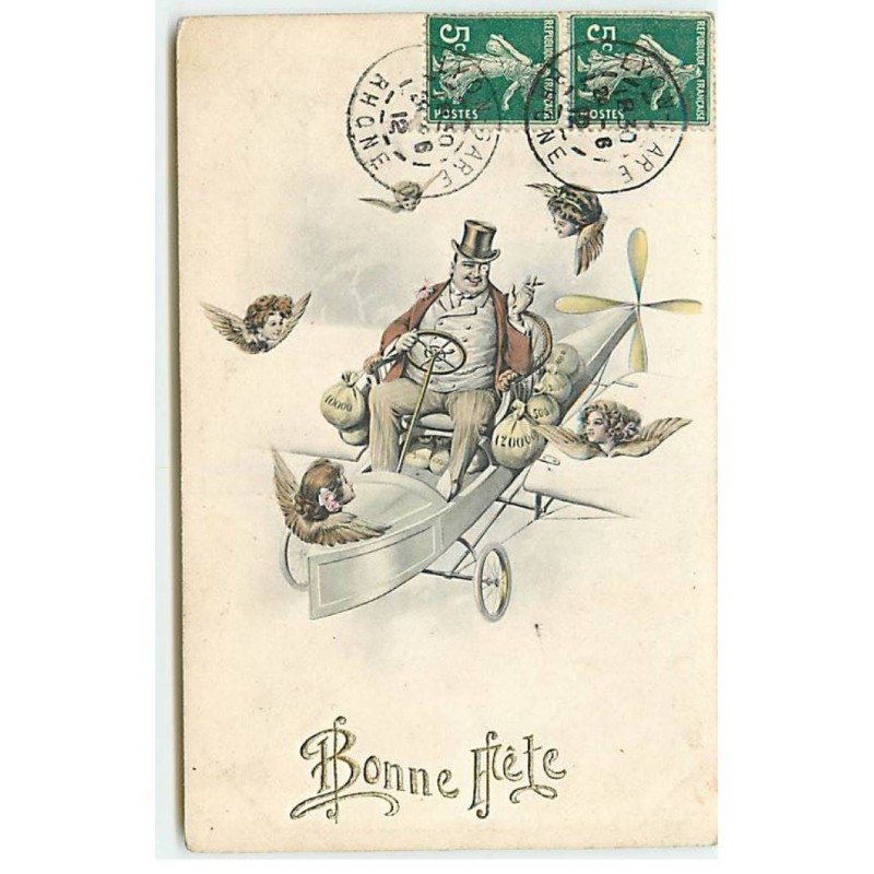 n°22627 - Bonne Fête - Homme pilotant un avion, au milieu de têtes d'ange - Surréalisme