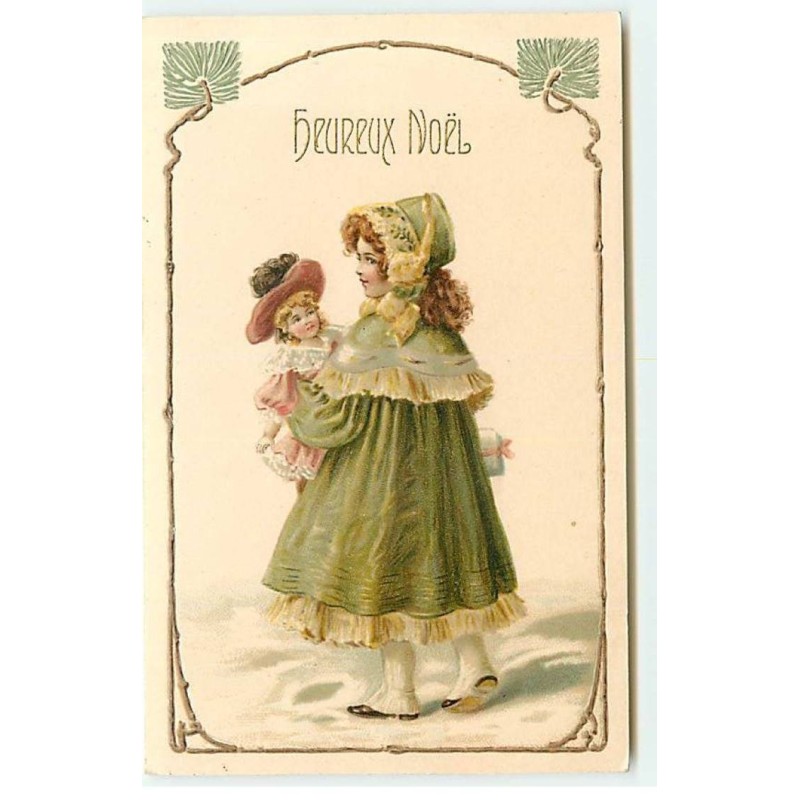 n°22634 - Carte Gaufrée - Heureux Noël - Fillette portant une poupée