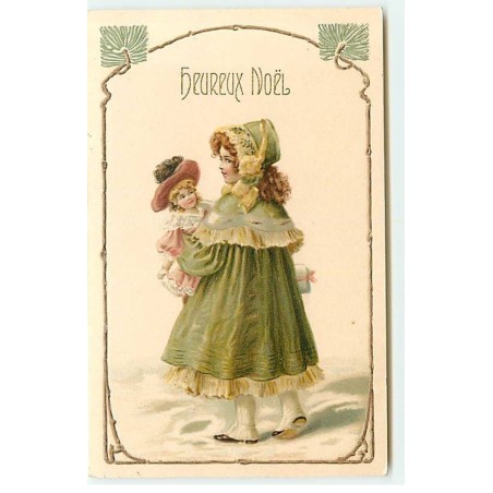 n°22634 - Carte Gaufrée - Heureux Noël - Fillette portant une poupée