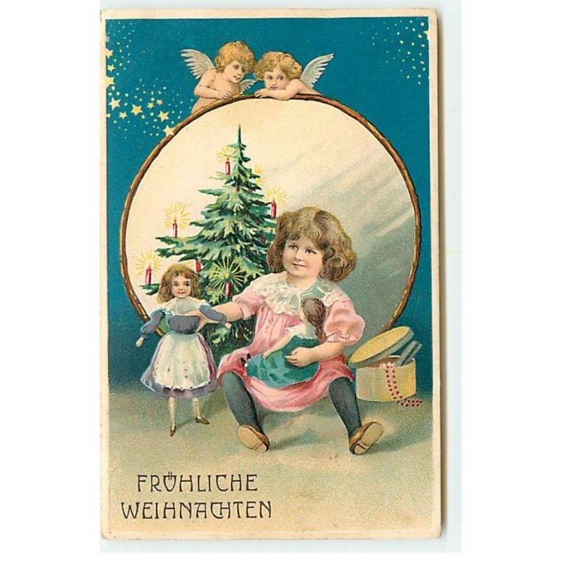 n°22635 - Carte Gaufrée - Fröhliche Weihnachten - Fillette jouant avec ses nouvelles poupées - Angelots