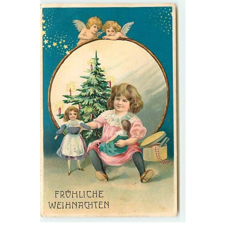 n°22635 - Carte Gaufrée - Fröhliche Weihnachten - Fillette jouant avec ses nouvelles poupées - Angelots