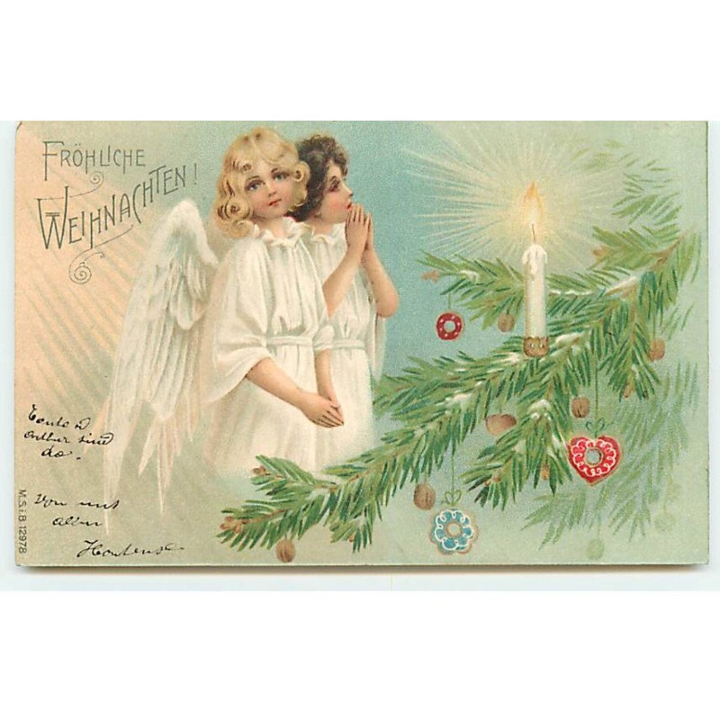 n°22638 - MSIB 12978 - Fröhliche Weihnachten - Anges priant près d'une bougie décorant un sapin