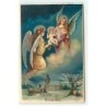 n°22639 - Carte Gaufrée - Fröhliche Weihnachten - Anges gardiens tenant un bébé dans le ciel au-dessus d'une église