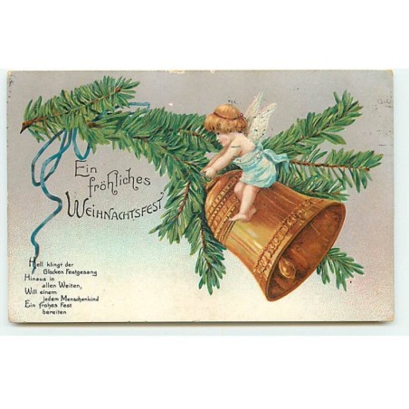 n°22641 - Carte Gaufrée - Ein Fröhliches Weihnachtsfest - Ange accrochant une cloche sur une branche de sapin