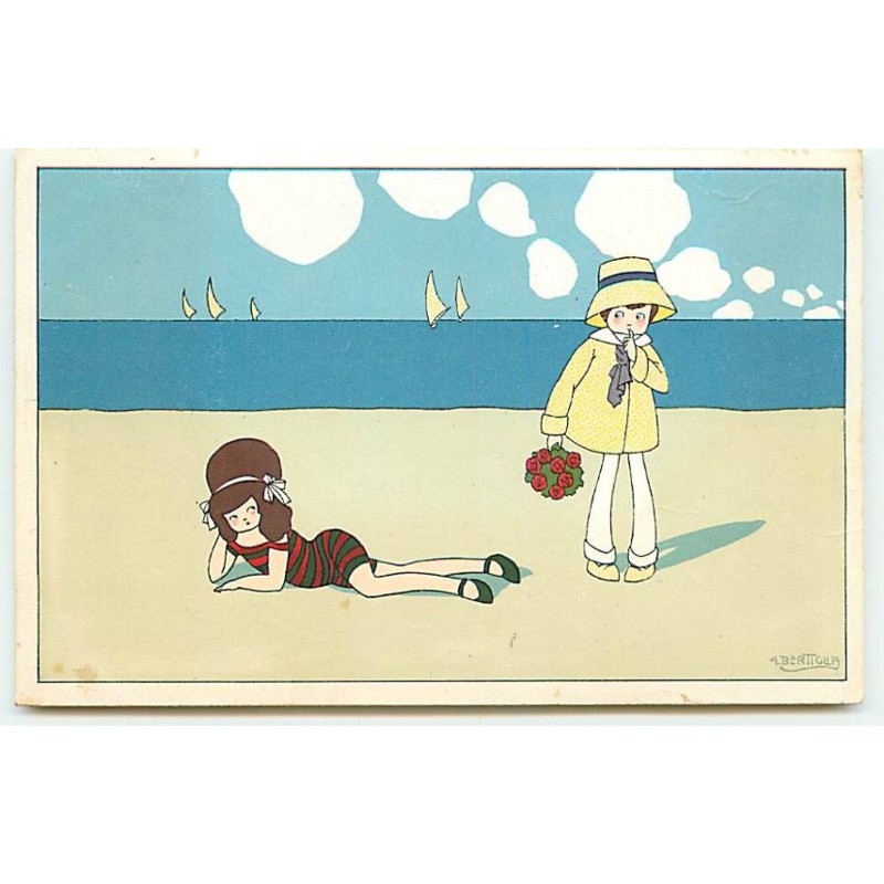 n°22652 - Illustrateur - A. Bertiglia - Une jeune femme allongée sur la plage, un jeune homme la regardant