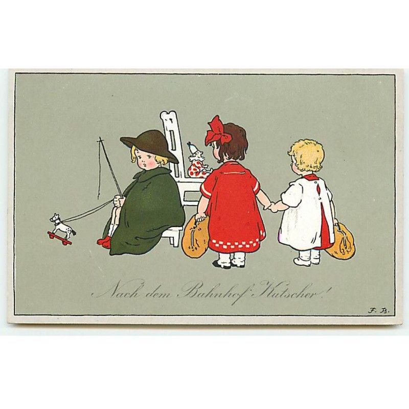 n°22657 - F. Baumgarten -Fillettes se tenant par la main, regardant un garçon assis, et un cheval en bois