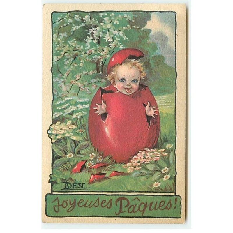 n°22663 - Joyeuses Pâques - Bébé dans un oeuf rouge, et tirant la langue
