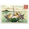 n°22664 - Carte Gaufrée - Joyeuses Pâques - Poussins et violettes dans une ombrelle sur l'eau