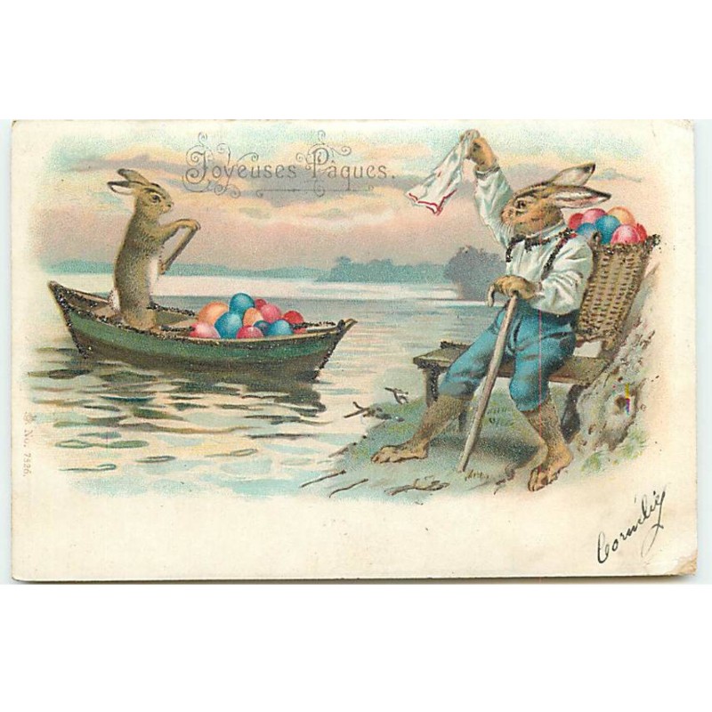 n°22665 - Joyeuses Pâques - Un lièvre portant des oeufs dans une hotte, saluant un autre lièvre dans une barque