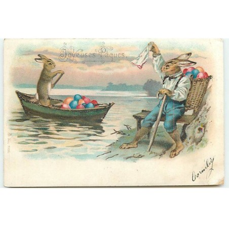 n°22665 - Joyeuses Pâques - Un lièvre portant des oeufs dans une hotte, saluant un autre lièvre dans une barque