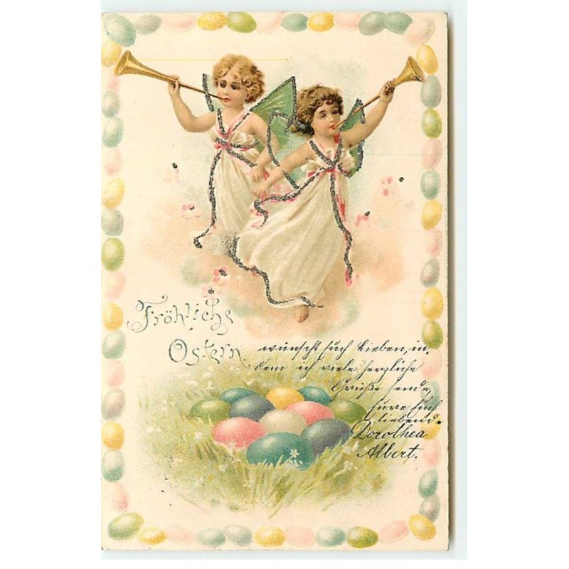 n°22667 - Fröhliche Ostern - Anges soufflant dans des trompettes au-dessus d'oeufs - Paillettes