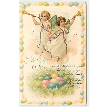 n°22667 - Fröhliche Ostern - Anges soufflant dans des trompettes au-dessus d'oeufs - Paillettes