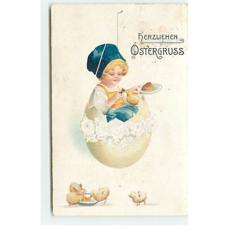 n°22670 - Herzliehen Ostergruss - Clapsaddle - Fillette dans un oeuf donnant du gâteau à des poussins