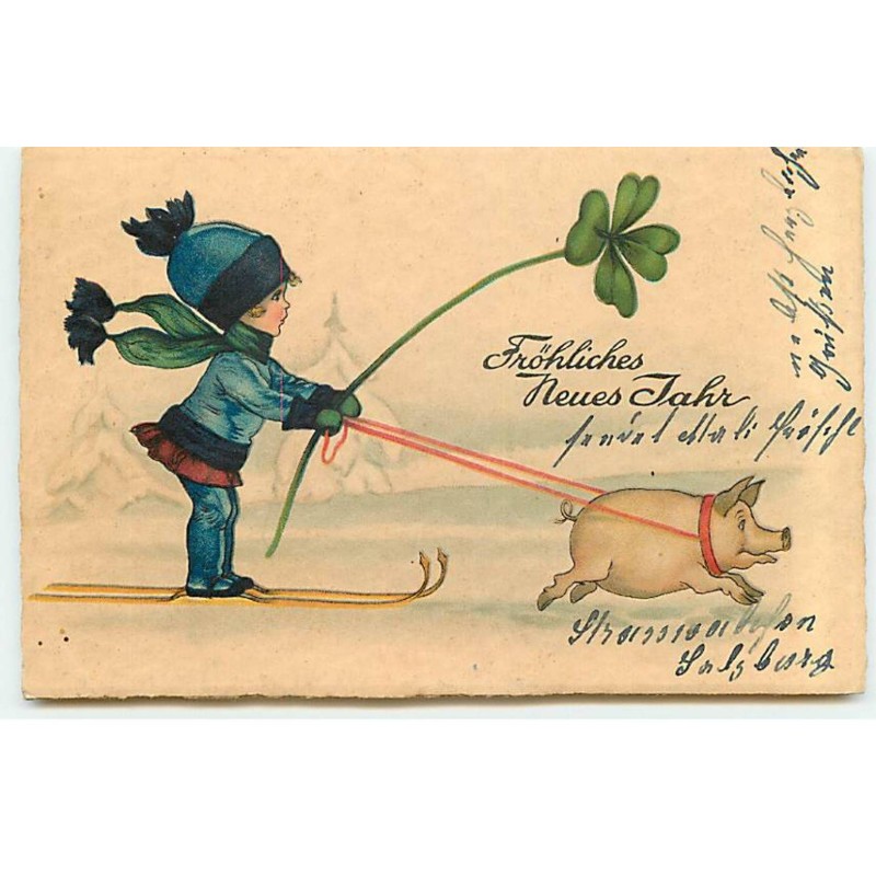 n°22675 - Fröhliches Neues Jahr - Fillette sur des skis tirée par un cochon