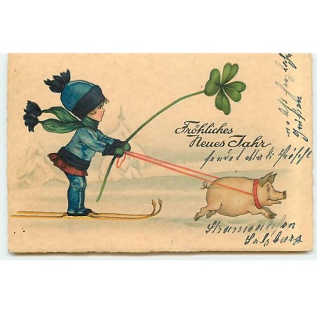 n°22675 - Fröhliches Neues Jahr - Fillette sur des skis tirée par un cochon