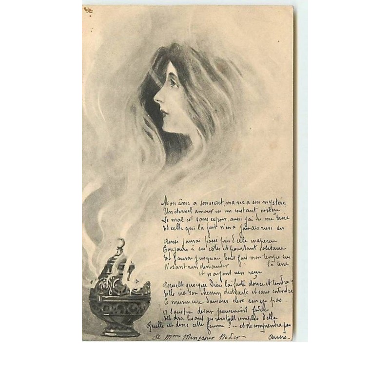 n°11519 - Carte Fantaisie - Portrait de Femme dans la fumée d'un encensoir