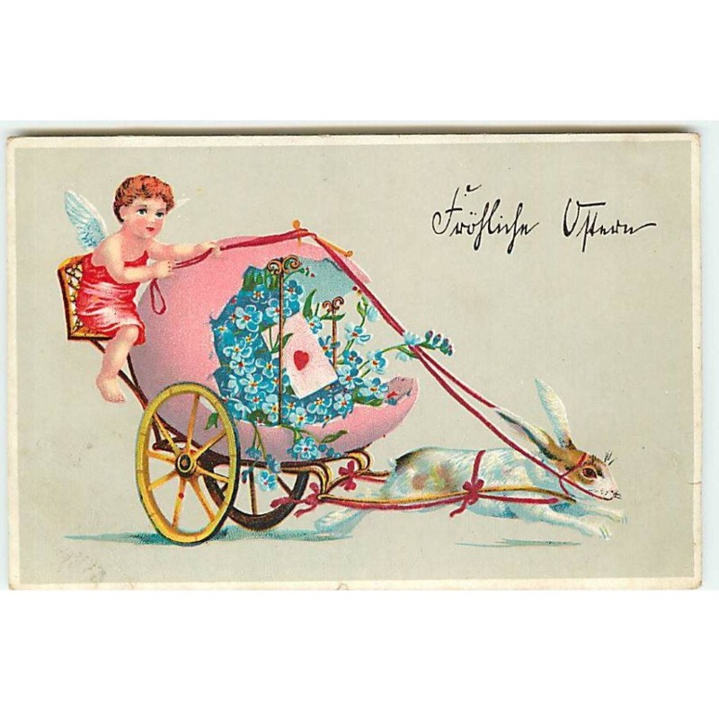 n°22684 - Angelot avec un oeuf - Attelage avec un lapin