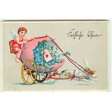 n°22684 - Angelot avec un oeuf - Attelage avec un lapin