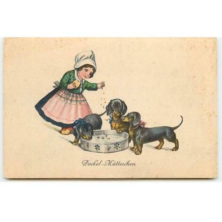 n°22693 - Carte Fantaisie - Dackel Mütterchen - Fillette donnant à manger à des Teckels