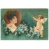n°22699 - Carte Gaufrée - Clapsaddle - Femme dans un Coeur - Cupidon